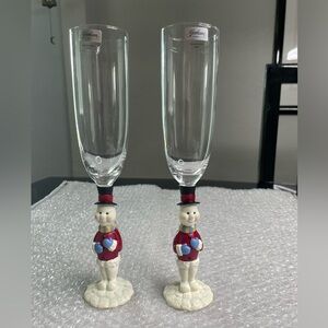 Gorham Flute Champagne Glasses Winter Follies Snowman Crystal